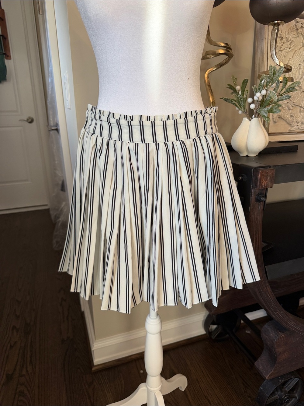 Maeve Black and White Vertical Stripe Pleated Skater Skirt